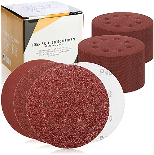 Robin Goods® 105x Exzenterschleifer Schleifpapier 125mm | Schleifscheiben 8 Loch mit Klett - Runde Schleifblätter mit 9 Korngrößen 40/60/80/120/180/240/400/800/2000