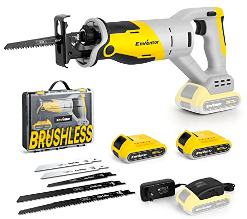 Scie Sabre Sans Fil, ENVENTOR 20V Brushless, 2 Batteries, 5 Lames, Vitesse variable 0-3000RPM, Coupe maximale 115 mm, Idéal pour couper bois, métal, plastique, branches