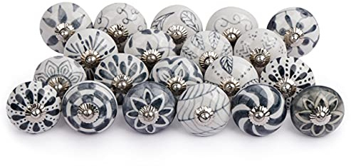 Shah Crafts. Ceramic Door Knobs Grey and White Set of 12 Premium Quality Assorted Designs Handmade Vintage, Shabby Chic, Interior Furniture, Cabinet Cupboard Wardrobe Drawers Pulls Handles