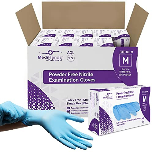 Farla Medical MediHands Nitrile Gloves, Blue Heavy Duty Disposable Gloves, Powder Free, Latex Free, and Protein Free, Medical, Food, Multi Use, Pack of 100 (M (Pack of 1000))