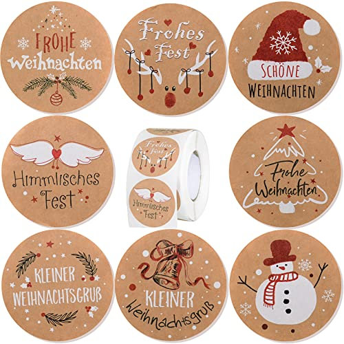 BETESSIN Aufkleber Weihnachten Rund im 8 Stil - 500 Stück 4cm Kraftpapier Weihnachtsaufkleber auf Rolle - Selbstklebende Weihnachtsetiketten für Geschenkverpackung, Weihnachtsdekoration usw.