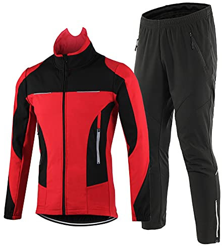 TDHLW Fahrradbekleidung Langarm Herren Winter Thermo Set, Wasserdicht Atmungsaktiv Radjacke Radlerhose Outdoor Regenjacke Hohe Sichtbarkeit Fahrrad Fleece Softshelljacke,Rot,L