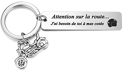 PiercingJak Porte-clés Voiture Personnalisé Attention sur la Route J'Ai Besoin de toi à Mes cotés Casque Moto Acier Inoxydable Cadeau Homme Papa Couple Amoureux Amitié Anniversaire