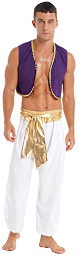 iiniim Herren Arabischer Prinz Kostüm Araber Outfits Weste Tops mit Pumphose Halloween Kostüm Karneval Fasching Mottoparty Gold M