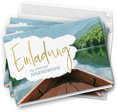 10 Jugendweihe Einladungskarten - Motiv Bergsee - moderne Einladungen Klappkarten mit Umschlägen