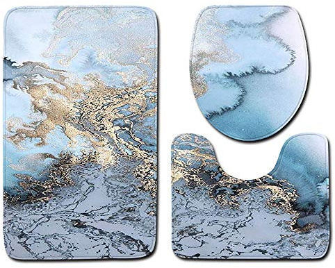 Badematten & Badteppiche Set 3 Teilig Schwarz Gold Mikrofaser Flauschige Marmor Muster Badezimmerteppich WC Vorleger mit Ausschnitt Waschbar rutschfeste Badvorleger Toilette Teppich (H, 3pc)