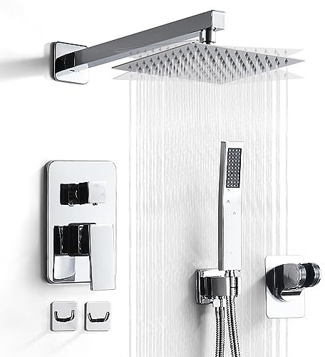 RTTWYYUU Chrome Shower System 8 Inch, Rain Shower Head with Handheld Spray, Luxury Rain Shower Set Square Wall Mount for Bathroom with Rain Shower and Handheld Shower System