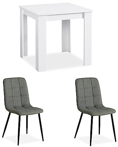 Homestyle4u 2371 Essgruppe mit 2 Stühlen, Esstisch 80x80 cm, Weiß Grau | Kompakte Küchentischgruppe aus Massivholz, 3-teiliges Set für die Küche oder das Esszimmer, kratzfest und pflegeleicht