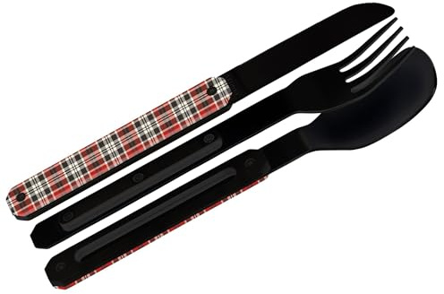 Akinod Gourmet-elegant rakt bestick med magnetisk insats (kniv, gaffel och sked) - magnetiskt rakt bestick 12H34 mod.BLACK MIRROR Tartan Rouge