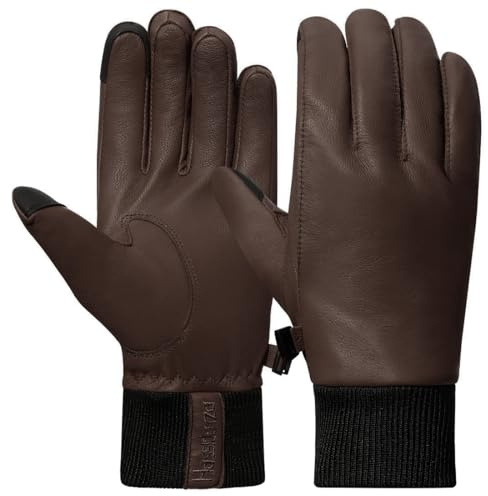 Harssidanzar Hommes Gants en cuir doublés de laine résistant au froid, gants à écran tactile en peau de chèvre chauds pour l'hiver HM002EU,Marron,Taille L