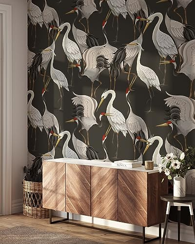 Coloritto Japanese Cranes Peel and Stick Wallpaper | Removable Birds Mural | Herons Self Adhesive Wallpaper (Sample 12 W x 8 H)