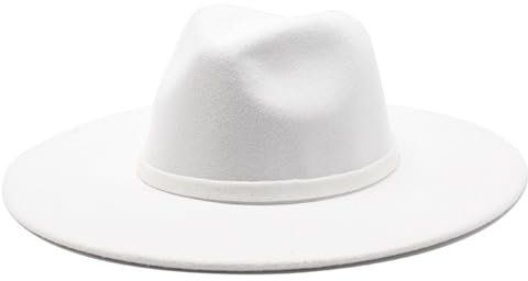 Fengyan Mützen Herbst und Winter Woolen Big Brim Jazz Hut Damenmode Freizeit Big Brim Filzhut Herren Jazz Filzhut (Farbe : Weiß, Größe : 6 7/8-7 1/8)