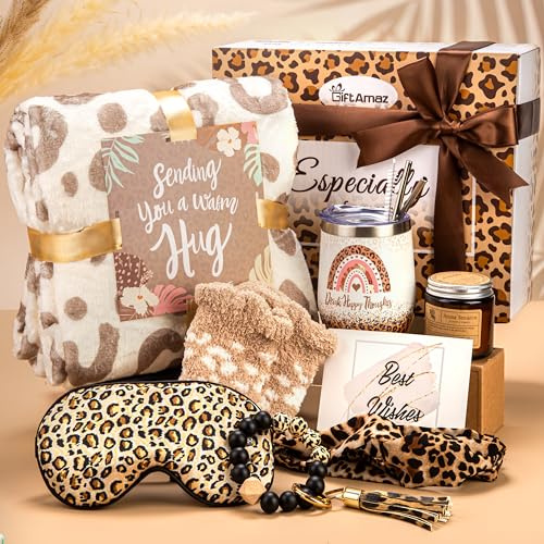 GiftAmaz Leoparden Print Geschenkkorb für Frauen - 7-teilige Wellness Box mit Thermotasse & Decke, Selbstfürsorge & Gute Besserung Geschenkidee für Frau, Freundin, Mutter als Weihnachtsgeschenk