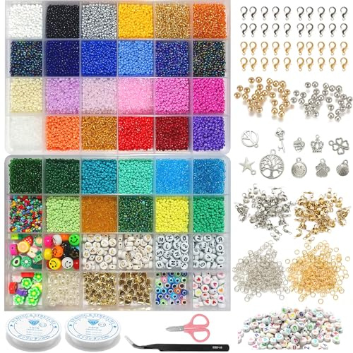 2mm Bunte glasperlen Selber Machen Set,perlen zum auffädeln, perlen set schmuck, Ringen armband selber, perlenset für armbänder, Geschenke für Mädchen (2 Box Set)