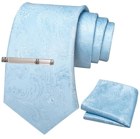 JEMYGINS Herren Paisley Krawatten set mit Krawattenklammer und Einstecktuch,Ätherisches Blau, Hellblau