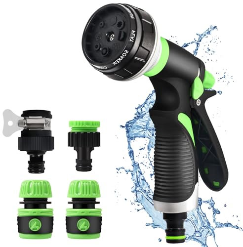 Pistola Irrigazione Giardino, Pistola Multifunzione con Flusso D'Acqua Controllabile, Acqua a Spruzzo con 8 Modalità Regolabili per Lavaggio auto, Doccia, Pulizia Marciapiede e Pet Balneazione