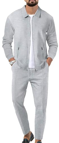 Uomo Tute da Ginnastica Waffle Manica Lunga Cerniera Giacca & Pantaloni Set di 2 Pezzi per Casual Sport Lavoro