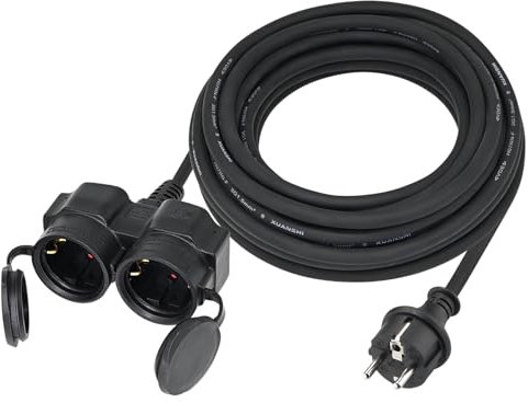 XUANSHI Verlängerungskabel Outdoor 15m mit 2 Schuko-Steckdosen, Doppel-Verlängerung Stromkabel für den Außenbereich IP44, H07RN-F 3G 1,5 mm² Gummi Kabel, 2-Fach Verteiler außen mit Schutzkappe 3500W