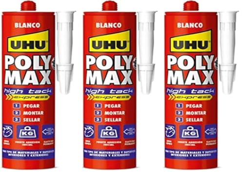 UHU Poly Max High Tack Express, Sellador y Adhesivo de Montaje Extrafuerte, Blanco-425g (Paquete de 3)