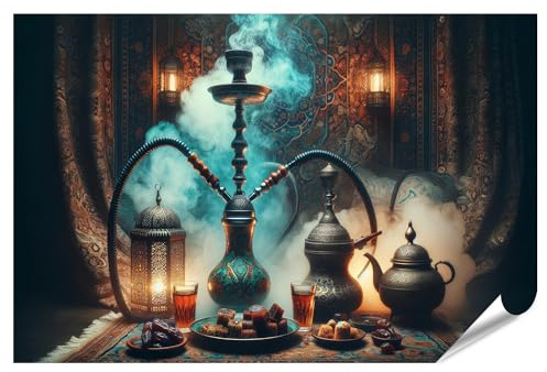 islandburner XXL Bild Poster Orientalische Wasserpfeife mit Tee und Gebäck für Shisha Lounge Bar Premium Bilder Fotodruck