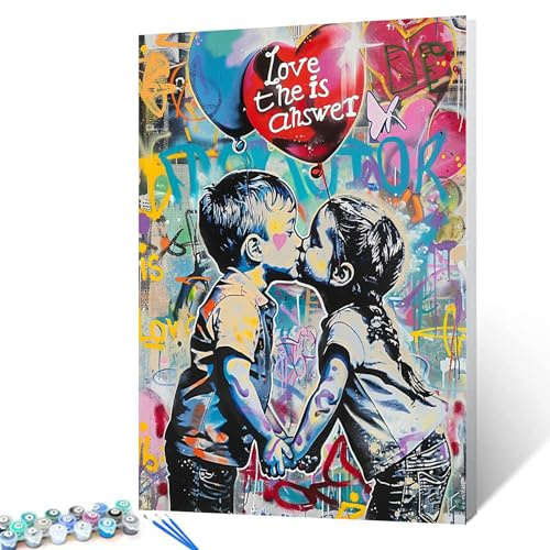 Tucocoo Street Art Malen nach Zahlen, Set mit Pinseln und Acrylpigmenten auf Leinwand, Gemälde für Erwachsene, Graffiti, küssender liebender Ballon, Bild für Zuhause, Wanddekoration, Geschenke