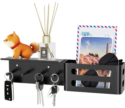 Bethom Schlüsselbrett mit Ablage, Metall Schlüsselhalter Wand mit 5 Schlüsselhaken Schwarz Wandorganizer Mail Schlüsselablage Schlüsselaufbewahrung für Eingang, Haustür, Flur, Schlafzimmer