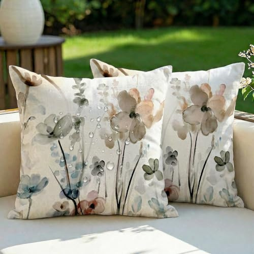 Vorysum Outdoor Kissenbezug 40x40 cm Sommer Wetterfest Sofakissen Tuschemalerei Böhmen Dekokissen Blumen Kissenbezüge Dekorativ Kissenhülle aus Polyster für Garten Sofa Wohnzimmer Bett 2er Set