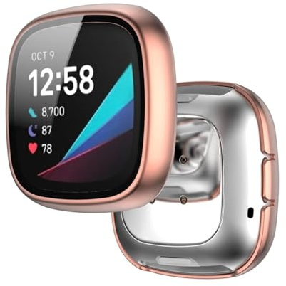 Hülle mit Displayschutz Kompatibel mit Fitbit Versa 3/Sense, Gehärtetes Glas Ultradünne PC Rundum Hart Schutzhülle für Fitbit Versa 3/Sense (Roségold)