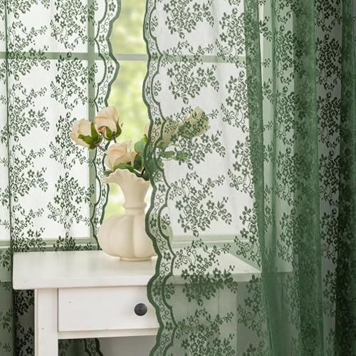YJ Yanjun Dunkelgrüne Schlafzimmervorhänge, 114,3 cm lang, Vintage-Blumenmuster, Spitze, Küchenvorhänge, lichtfilternd, Boho, kurz, durchsichtig, Vorhänge für Badezimmer, 132 x 114 cm, Olivgrün