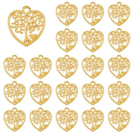 DICOSMETIC 80 Stück Herz Anhänger Baum Des Lebens Aus Legierung Goldener Baumanhänger Im Tibetischen Stil Liebes Glücksbaumanhänger für Selbermachen Basteln Armbänder Halsketten Schmuckherstellung