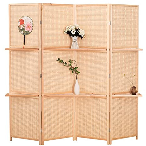 GLJTUO Raumteiler Mit 3, 4 Oder 5 Paneelen Und Ablage, Für Tür/Flur/Ankleidezimmer, Sichtschutzwand, Klappbar, Bodenstehend, Raumteiler, Paravent, Natürliches Bambusholz,4 Panels-High-180cm/70.9in
