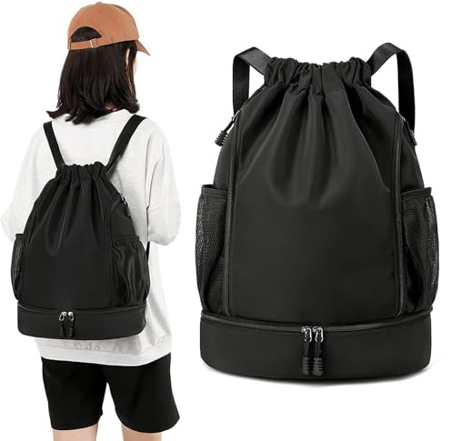 Jidyllic DrawMode Sport Rucksäcke,Verstellbar Tunnelzug Rucksack mit Reißverschluß Wasserdicht Sport Turnbeutel Wasserdicht Sportbeutel Fußballtasche mit Aussentasche für Damen Herren Kinder(Schwarz)