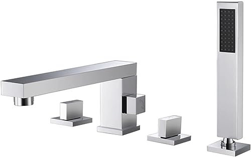 SnamicE Badewannenarmatur 4-Loch Badewannenarmatur 4-Loch Badewannenarmatur mit Handbrause Drehbarer Badewannenauslauf Badewannenarmatur mit Doppelgriff,Chrom-b,Chrom-b