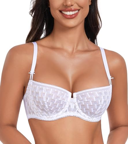 DotVol Sujetador Balconette sin Relleno con Aros de Encaje Transparente para Mujer Blanco,90E