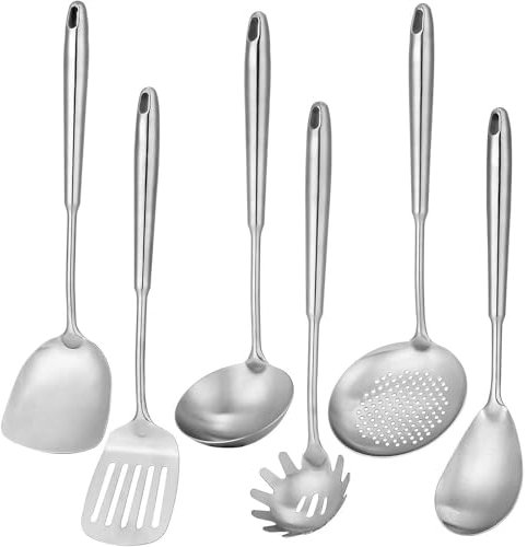 Juego de utensilios de cocina de acero inoxidable de 6 piezas, juego de cucharas que incluye cucharón, cuchara para sopa, espumadera, espátula ranurada, espátula sólida para wok y servidor de pasta