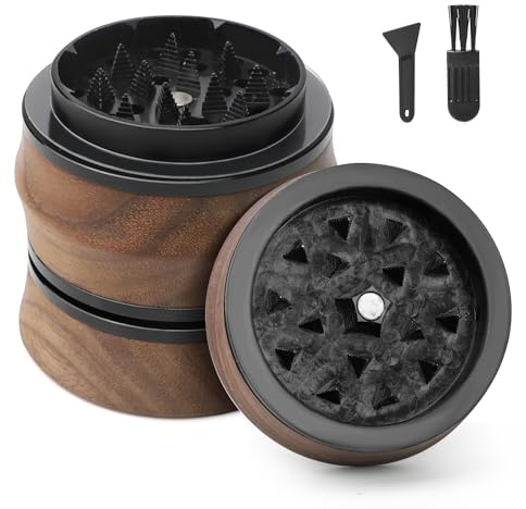 NVGVUP Premium Grinder aus Holz, Große Crusher mit Pollenfach und Magnetischem Deckel, 63 mm Gewürzmühle mit Scraper und Plastikbürste, Pollen Sammler für Gewürze und Herb, 4-Teiliger