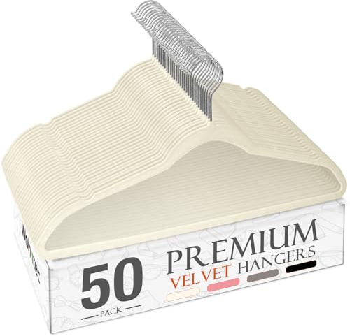 Wohntec Kleiderbügel Samt 50 Stück - Kleiderbügel Platzsparend, Bügel rutschfest und Belastbar, 360° Drehbar Hangers - für Hemden, Anzüge, Pullover, Hosen, Elfenbein