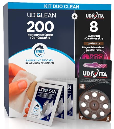 8 Pilas para Audífonos Tamaño 312 PR41 Marrón con Tecnología Phono Pulse + 200 Toallitas Limpiadoras Udiclean para Audífonos Pantallas y Gafas Tamaño de Bolsillo - Kit Duo Clean