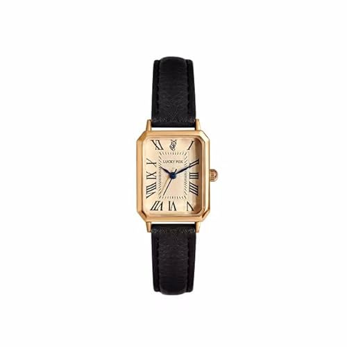 ALCENTIS Rektangulär analog damklocka, roséguldfodral, läderrem, Svart armband - Rose Gold Case