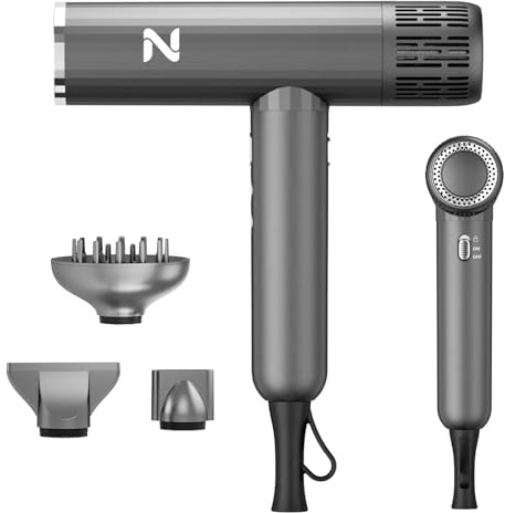 Natrial Ionic Professional Hair Dryer with Diffuser for Curly Hair,1600W&110000RPM High Speed Blow Dryer for Women,Fast Drying,Lock Function,Low Noise,Lightweight for Home Travel Salon,Gray
