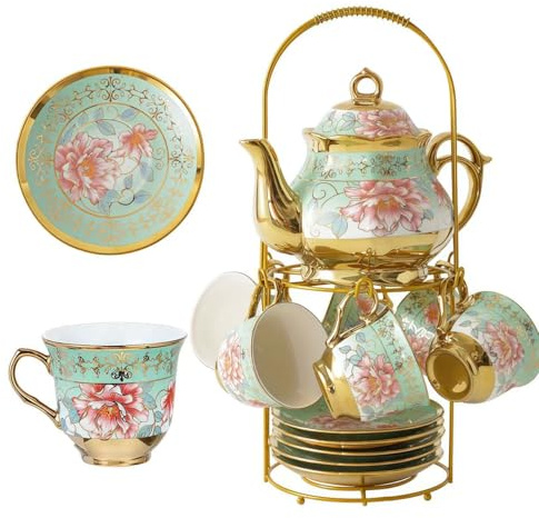 Service à thé vintage en porcelaine 14 pièces avec support métallique, soucoupes plaquées or, service à thé européen en céramique, tasses ornées de fleurs pour femmes, pour 6 personnes (vintage)