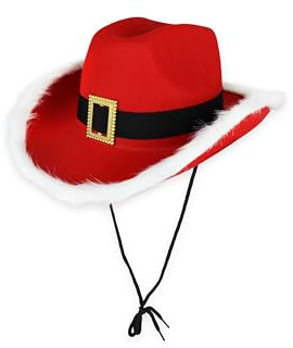 HENBRANDT 1 x Red Santa Cowboy Hat Adult - Christmas Western Fancy Dress Costume with Black Belt Gold Buckle White Fur Trim and Chin Cord