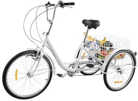 24 Zoll 6-Gang Dreirad für Erwachsene mit Licht & Einkaufskorb, 3-Rad-Cruiser-Fahrrad Lastenfahrrad Einkaufen Dreirad Erwachsenendreirad, Verstellbarer Sitz für Erwachsene SeniorenOutdoor-Sport