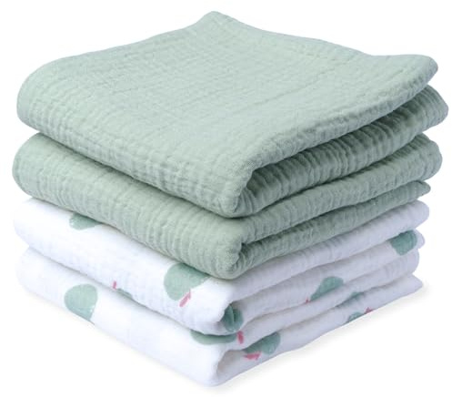 tiny ton Baby muslindukar | dregellappar – 100 % GOTS ekologisk bomull, set om 4 (60 x 60 cm), mjuk, absorberande och andas. Mångsidiga spottdukar – för att gosa, rengöra och täcka (grön)