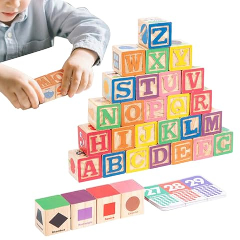 Buchstabenblöcke | Lernspielzeug aus Holz, Bausteine für Buchstabenerkennung – für Kleinkinder, Kindergarten, Haus, Krippe, Spielzimmer, Geburtstag