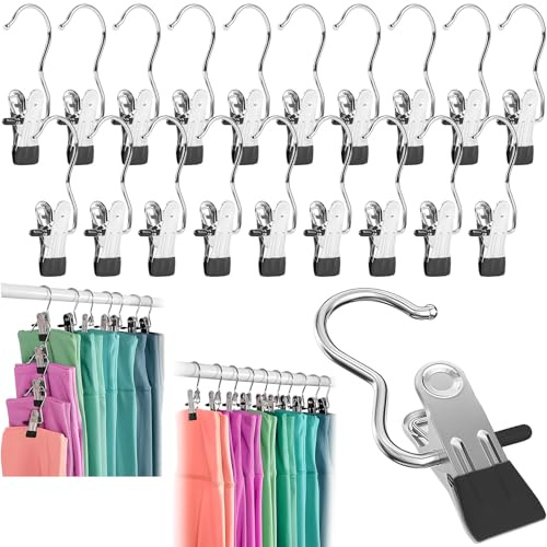 20 Perchas Pantalones Metal con Clips Antideslizantes, Ganchos ​​Organizador Armario Revestimiento Goma Giratorios 360°, Colgadores Ropa Pinzas Colgador Botas Portátil para Leggings, Toallas, Zapatos