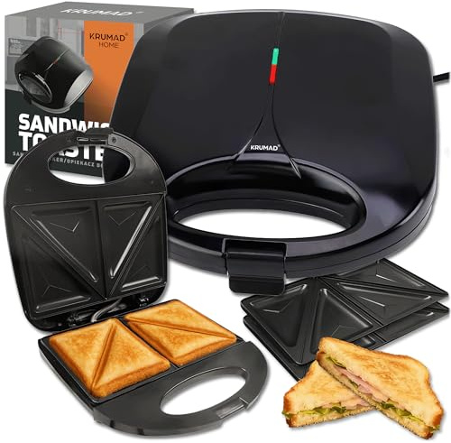 KRUMAD Sandwich Maker – 1000W Sandwich Toaster 2 Scheiben mit Antihaftbeschichtung, Wärmeisoliertem Griff & Kontrollleuchten – Kompakter Toaster für knusprige Sandwiches & Toasts