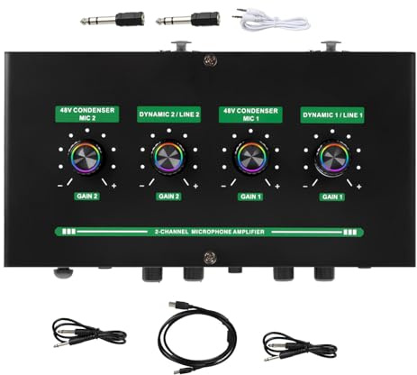 LOLIPPYY Desktop Mikrofonverstärker mit Hall 2-kanal Mikrofonmischer aus Metallgehäuse USB Kabel Adapter für Live Streaming Karaoke und Podcast