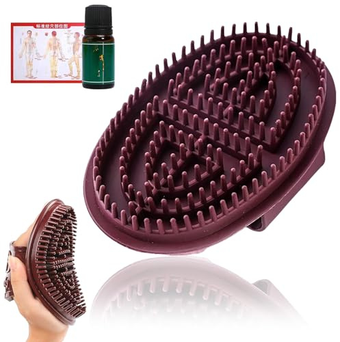 Silicone Body Massage Brush, Burgundy, Raised Nodes, Hand Strap, 1-Pack | Includes Small Capped Bottle And Body-Point Reference Card, For Bath Or Shower Cleansing, Body-Care Routines With Oil