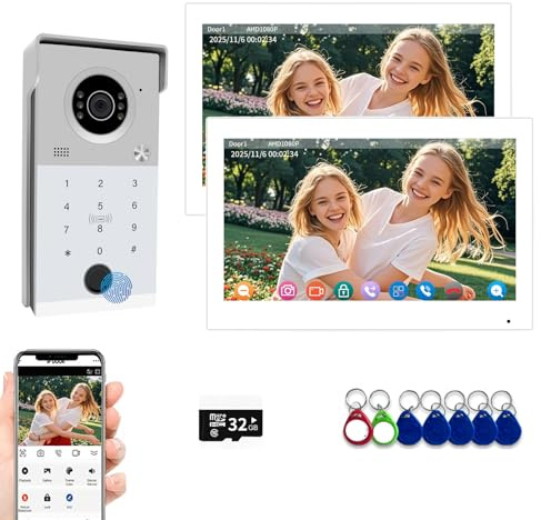 Wired Video Door Phone Kit Apartment Intercom System,7 Inch Touch Monitor,1080P Doorbell,Supporting Fingerprint,RFID Card,Password Unlock,Monitoring for Home Villa Tuya,32G (1 Doorbell + 2 Monitor)
